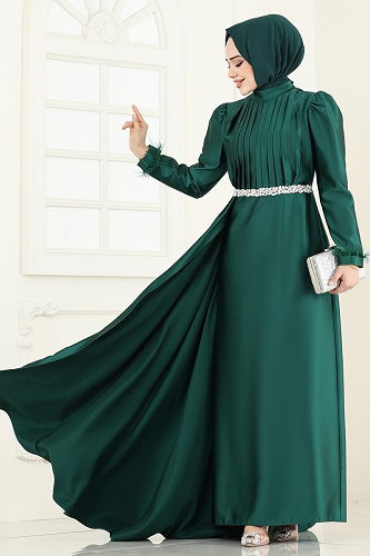 moda selvim فستان سهرة زيتي 8006YG95 - Thumbnail