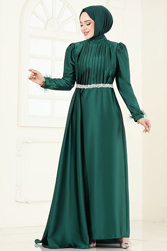 moda selvim فستان سهرة زيتي 8006YG95 - Thumbnail