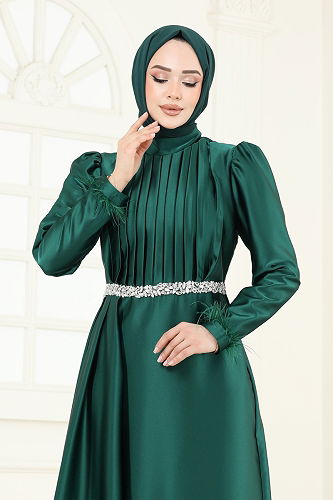 moda selvim فستان سهرة زيتي 8006YG95 - Thumbnail