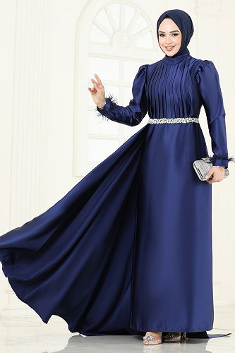 moda selvim Evening Dress 8006YG95 Navy Blue - Thumbnail