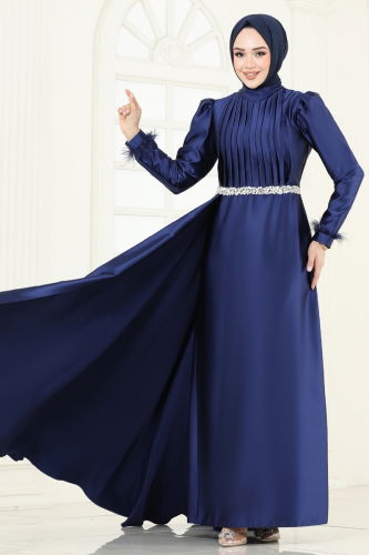 moda selvim فستان سهرة كحلي 8006YG95 - Thumbnail