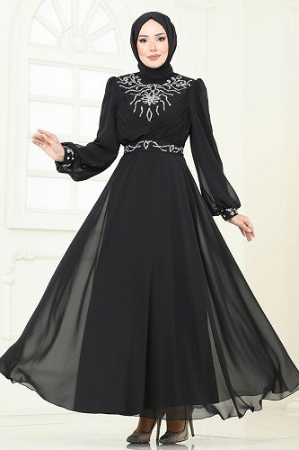 moda selvim Evening Dress 8010AB368 Black - Thumbnail