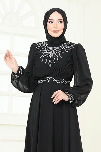 moda selvim Evening Dress 8010AB368 Black - Thumbnail