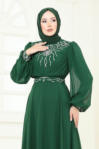 moda selvim Evening Dress 8010AB368 Emerald - Thumbnail