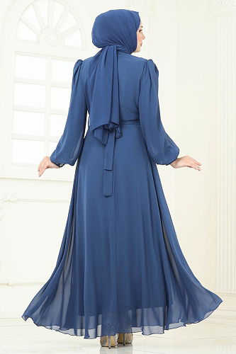 moda selvim Evening Dress 8010AB368 Indigo - Thumbnail