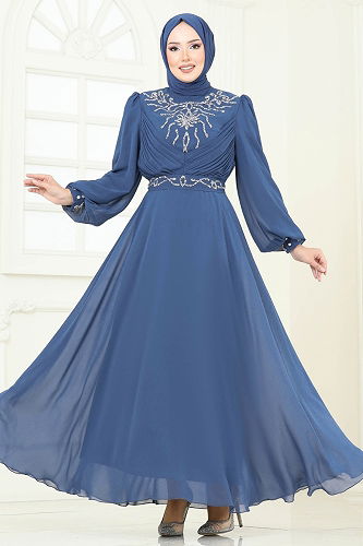 moda selvim Evening Dress 8010AB368 Indigo - Thumbnail