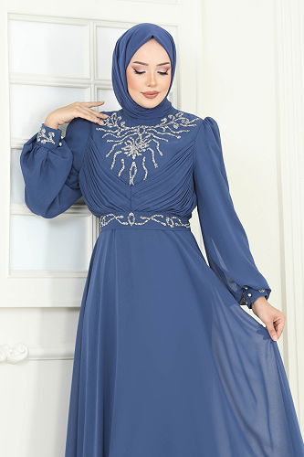 moda selvim فستان سهرة ازرق 8010AB368 - Thumbnail