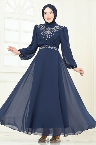 moda selvim Evening Dress 8010AB368 Navy Blue - Thumbnail