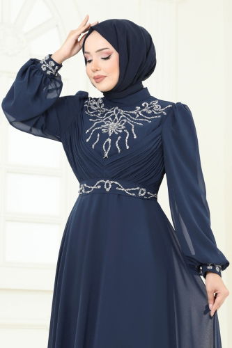 moda selvim Evening Dress 8010AB368 Navy Blue - Thumbnail