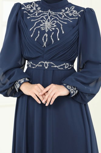 moda selvim Evening Dress 8010AB368 Navy Blue - Thumbnail