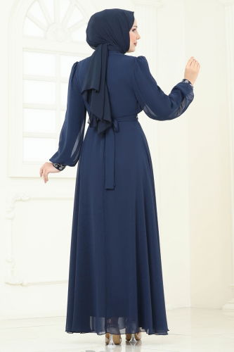 moda selvim Evening Dress 8010AB368 Navy Blue - Thumbnail