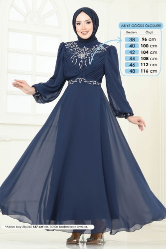 moda selvim Evening Dress 8010AB368 Navy Blue - Thumbnail