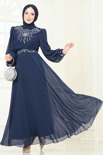 moda selvim فستان سهرة كحلي 8010AB368 - Thumbnail