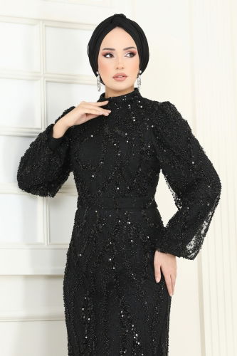 moda selvim فستان سهرة أسود 8014YG95 - Thumbnail