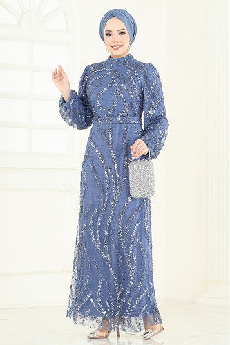 moda selvim Evening Dress 8014YG95 Indigo - Thumbnail