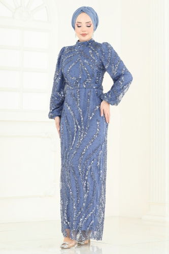 moda selvim Evening Dress 8014YG95 Indigo - Thumbnail