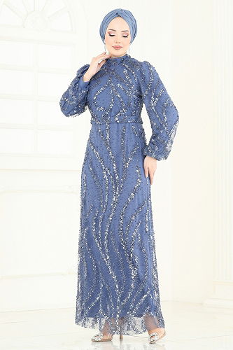 moda selvim Evening Dress 8014YG95 Indigo - Thumbnail