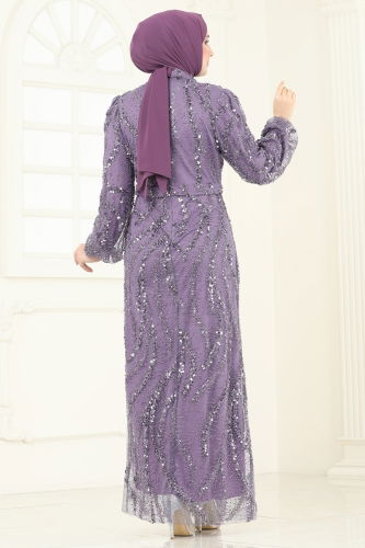 moda selvim فستان سهرة ليلكي 8014YG95 - Thumbnail