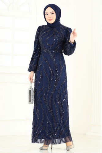 moda selvim فستان سهرة كحلي 8014YG95 - Thumbnail