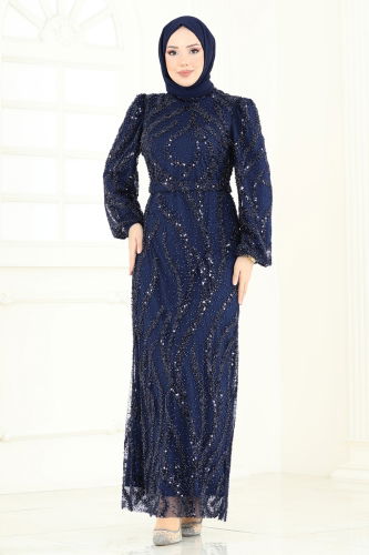 moda selvim فستان سهرة كحلي 8014YG95 - Thumbnail