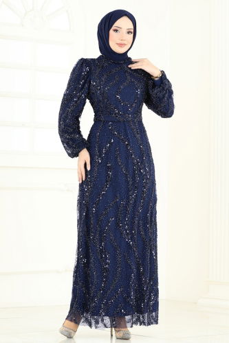 moda selvim فستان سهرة كحلي 8014YG95 - Thumbnail