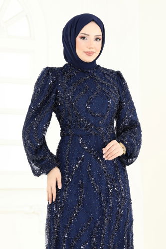 moda selvim فستان سهرة كحلي 8014YG95 - Thumbnail