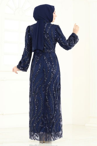 moda selvim فستان سهرة كحلي 8014YG95 - Thumbnail