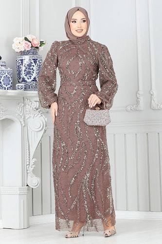 moda selvim فستان سهرة بيج وردي 8014YG95 - Thumbnail