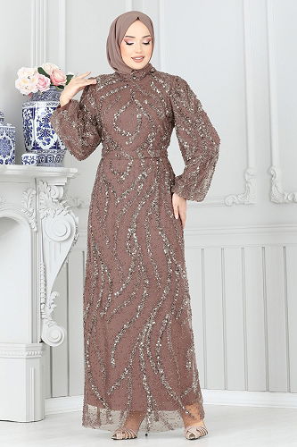 moda selvim فستان سهرة بيج وردي 8014YG95 - Thumbnail