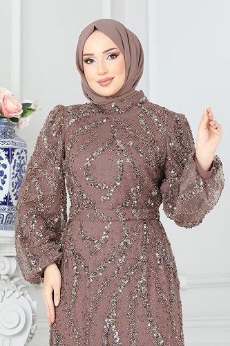 moda selvim فستان سهرة بيج وردي 8014YG95 - Thumbnail