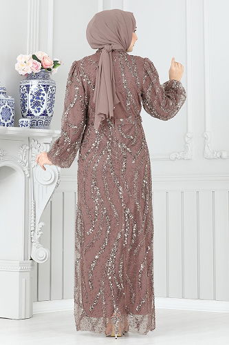 moda selvim فستان سهرة بيج وردي 8014YG95 - Thumbnail