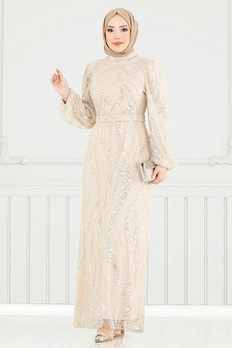 moda selvim Evening Dress 8014YG95 Stone - Thumbnail