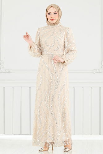 moda selvim Evening Dress 8014YG95 Stone - Thumbnail