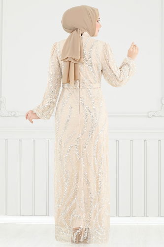 moda selvim Evening Dress 8014YG95 Stone - Thumbnail