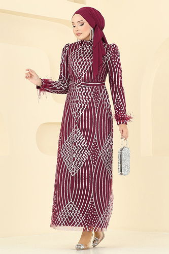 moda selvim Evening Dress 8017YG95 Burgundy - Thumbnail