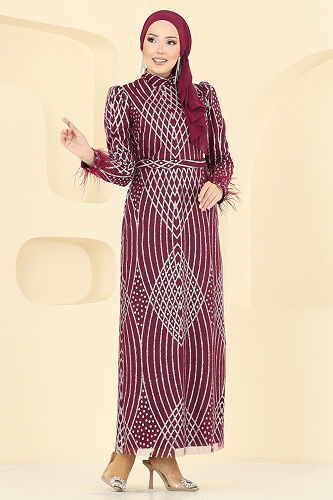 moda selvim Evening Dress 8017YG95 Burgundy - Thumbnail