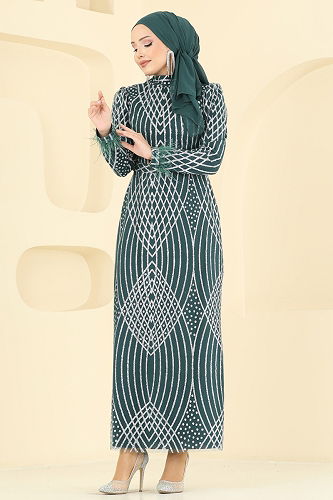 moda selvim فستان سهرة زيتي 8017YG95 - Thumbnail