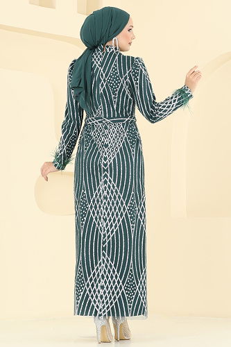 moda selvim فستان سهرة زيتي 8017YG95 - Thumbnail