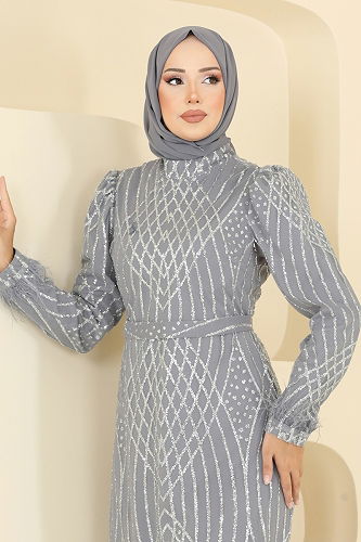 moda selvim فستان سهرة رمادي 8017YG95 - Thumbnail