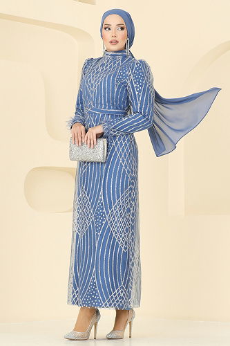 moda selvim Evening Dress 8017YG95 Indigo - Thumbnail
