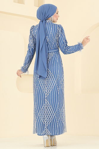 moda selvim Evening Dress 8017YG95 Indigo - Thumbnail