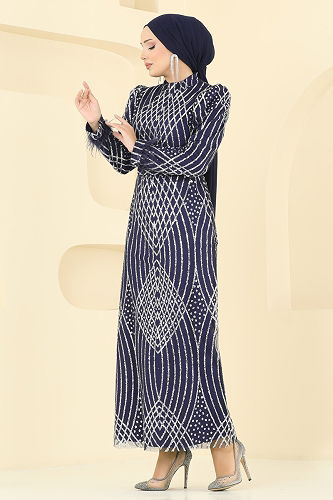 moda selvim Evening Dress 8017YG95 Navy Blue - Thumbnail