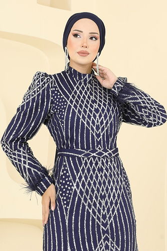 moda selvim فستان سهرة كحلي 8017YG95 - Thumbnail