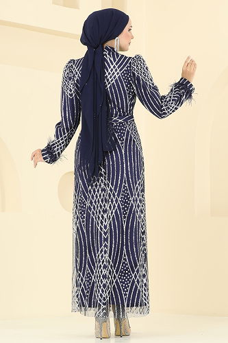 moda selvim فستان سهرة كحلي 8017YG95 - Thumbnail