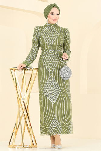 moda selvim Evening Dress 8017YG95 Oil Green - Thumbnail