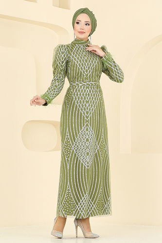 moda selvim Evening Dress 8017YG95 Oil Green - Thumbnail