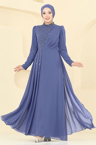 moda selvim فستان سهرة أزرق 8019AB368 - Thumbnail