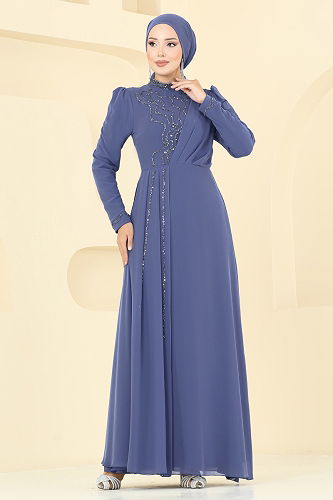 moda selvim فستان سهرة أزرق 8019AB368 - Thumbnail