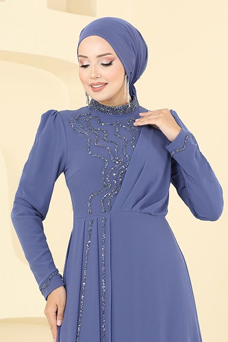 moda selvim فستان سهرة أزرق 8019AB368 - Thumbnail