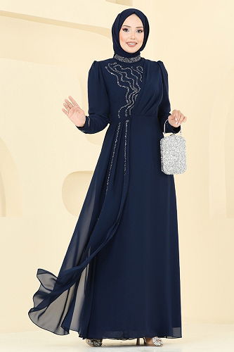 moda selvim Evening Dress 8019AB368 Navy Blue - Thumbnail